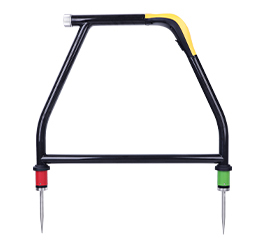 The vLoc3 Series Accessory A-Frame detects ground faults in pipes and cables, identifying coating defects in pipes and insulation damage in cables. Designed for use with vLoc3-Pro locators, it requires a fault-find signal from a compatible transmitter. Features include durable carbon fiber-reinforced glass fiber construction, Plug-and-Play operation powered by the receiver, and directional arrows to pinpoint faults.