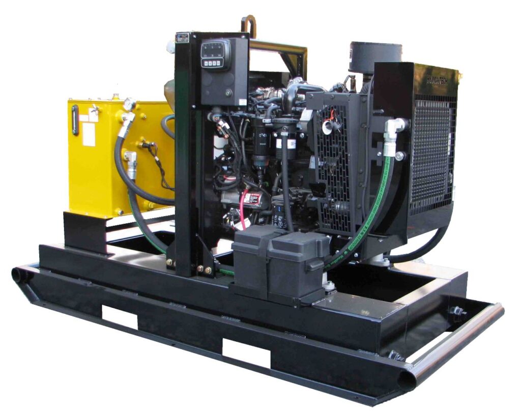 The HT74DJV features a John Deere 4 cylinder water cooled diesel with your choice of fixed displacement gear of pressure compensated piston hydraulic pumps.  It is designed to drive our submersible pumps or other hydraulic equipment requiring flows to 40 GPM and pressures to 2500 PSI.